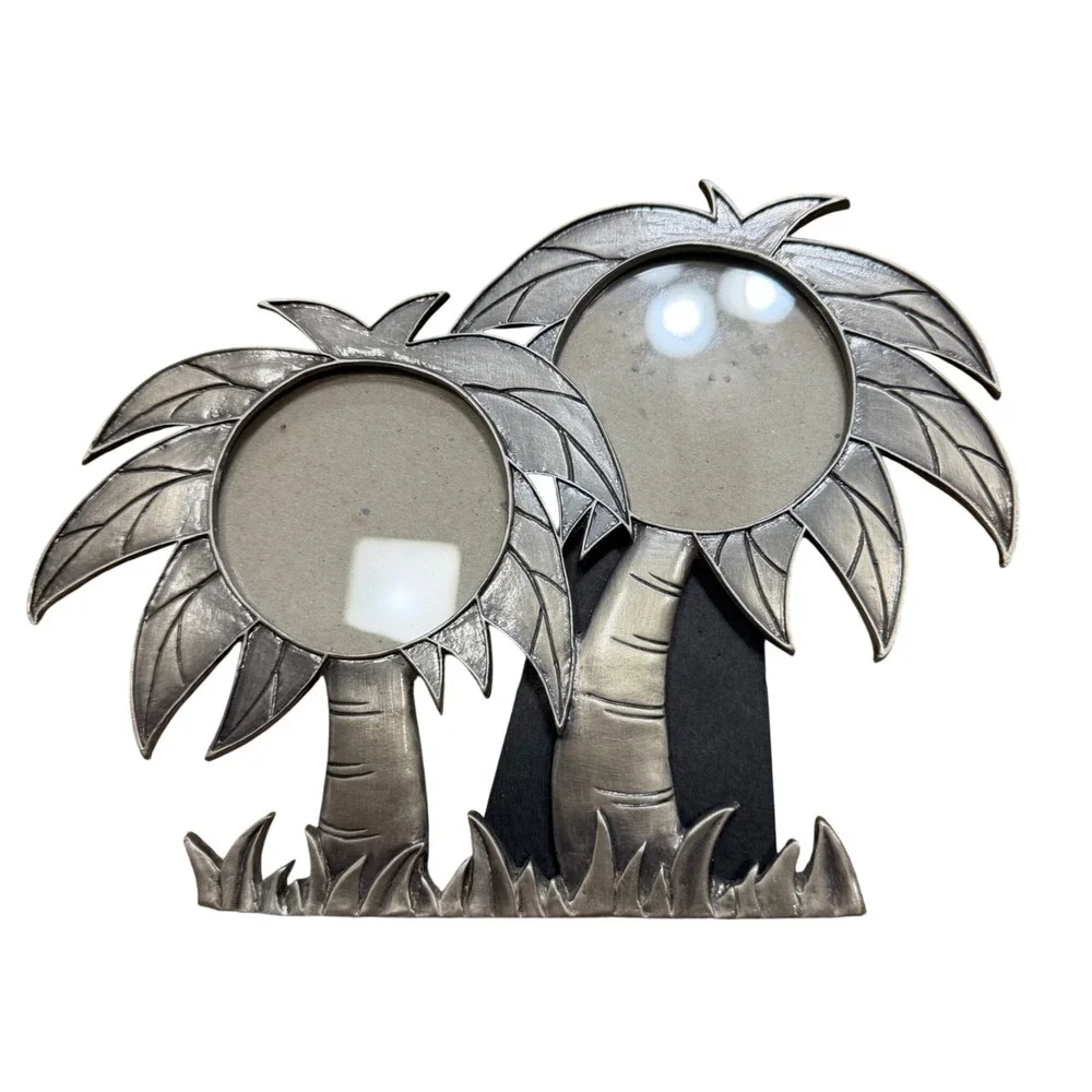 Palm Tree Double Picture Frame Pewter Silver Tone Coastal Tropical Decor